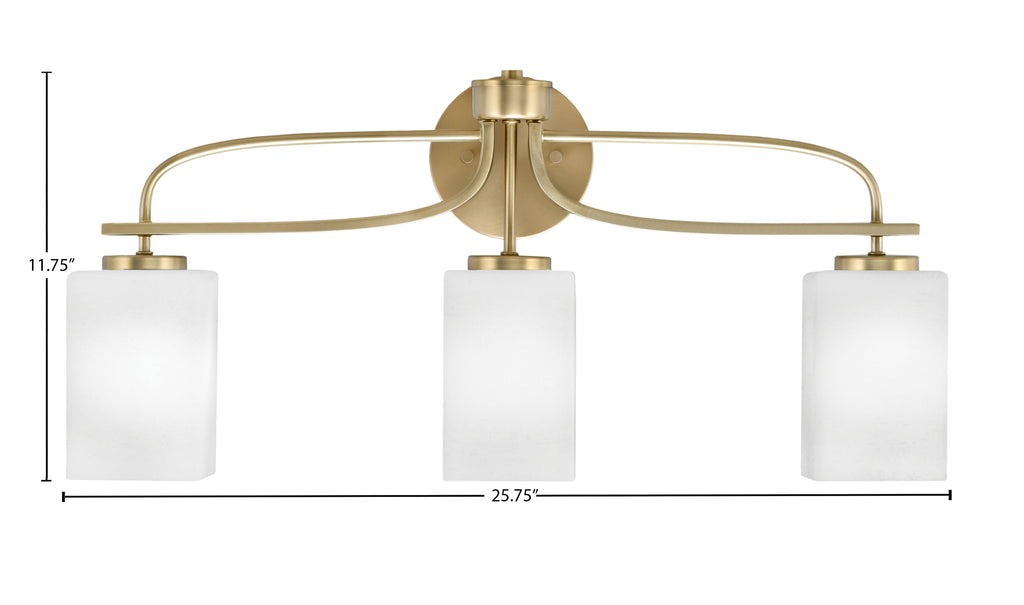 Cavella Three Light Bath Bar in New Age Brass with 4" White Muslin Shade