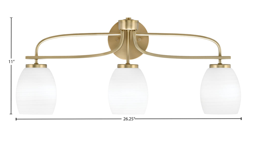 Cavella Three Light Bath Bar in New Age Brass with 5" White Linen Shade