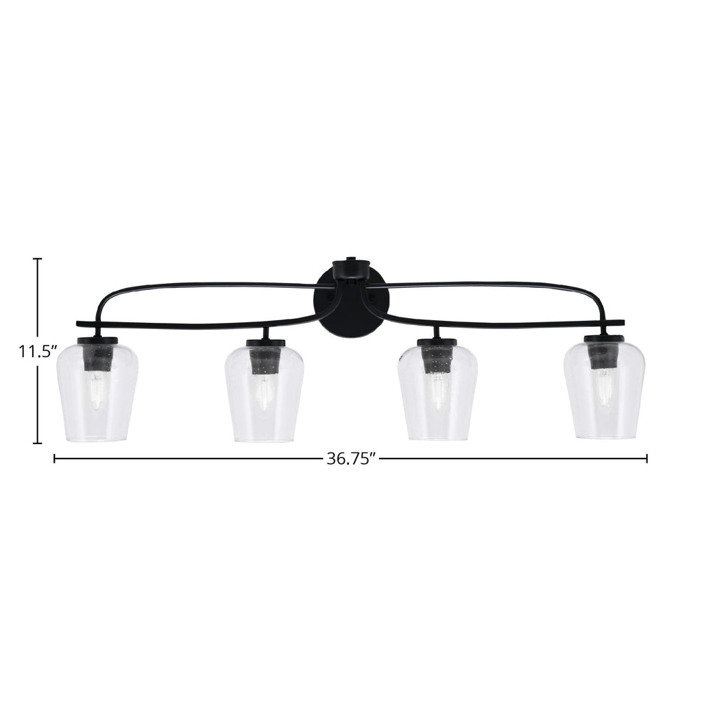 Cavella Four Light Bath Bar in Matte Black with 5" Clear Bubble Shade