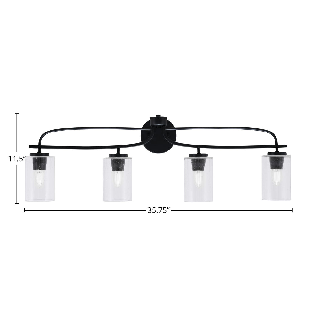 Cavella Four Light Bath Bar in Matte Black with 4" Clear Bubble Shade