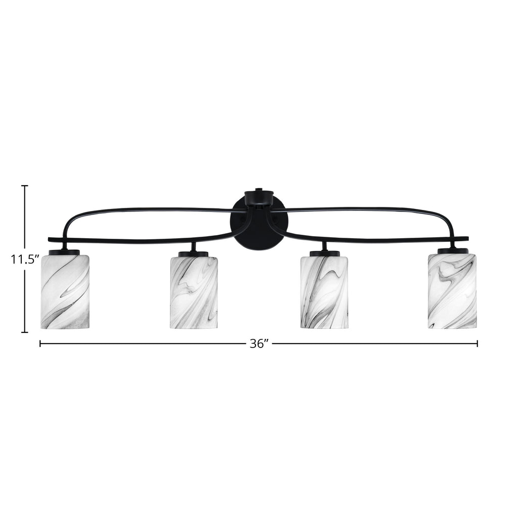 Cavella Four Light Bath Bar in Matte Black with 4" Onyx Swirl Shade