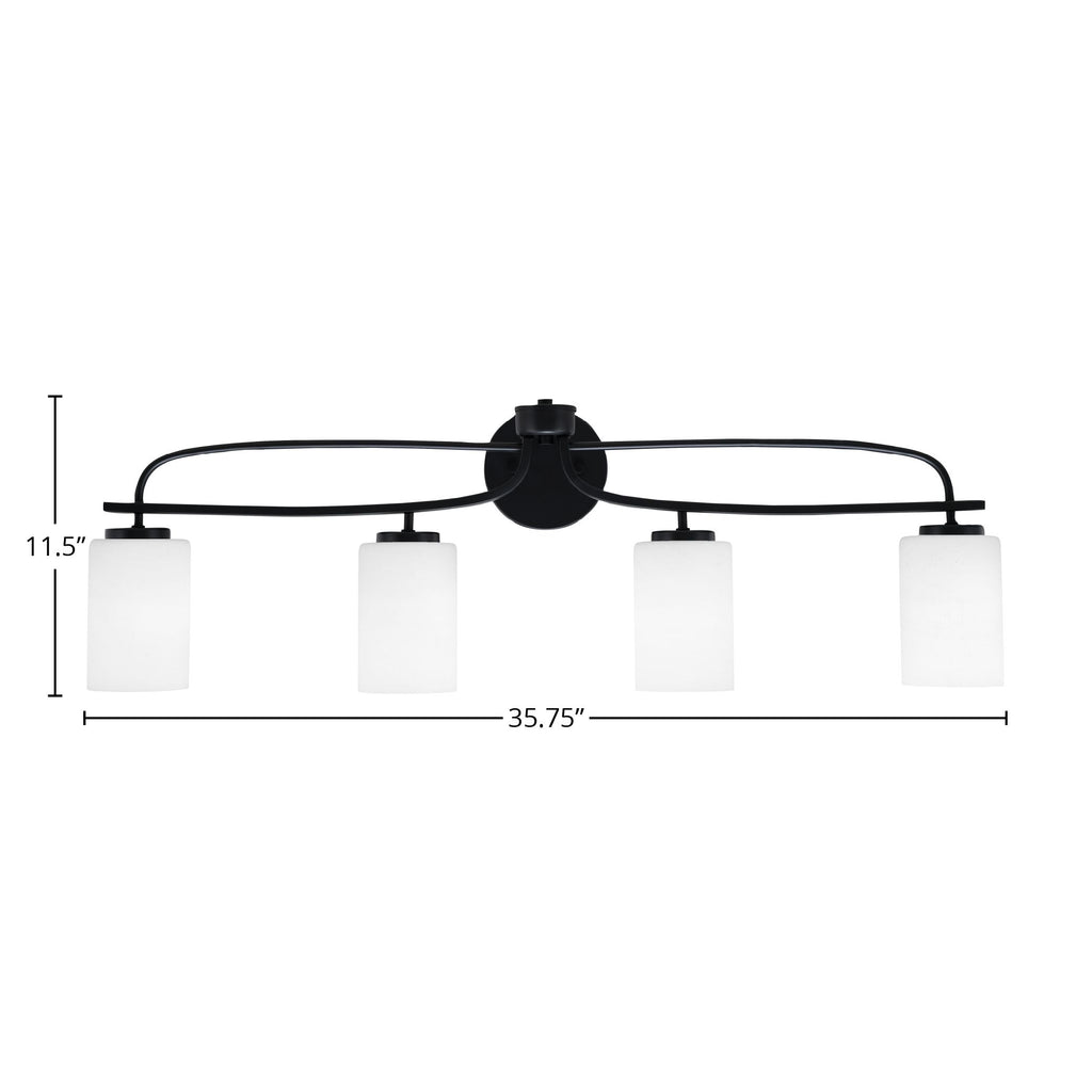 Cavella Four Light Bath Bar in Matte Black with 4" White Muslin Shade