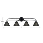 Cavella Four Light Bath Bar in Matte Black with 7" Black Matrix Shade