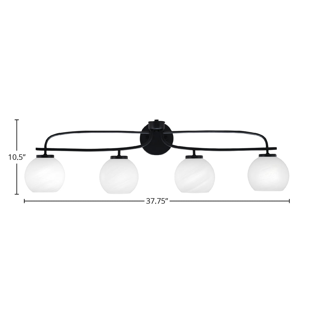 Cavella Four Light Bath Bar in Matte Black with 5.75" White Marble Shade