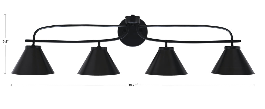 Cavella Four Light Bath Bar in Matte Black with 7" Matte Black Cone Metal Shade