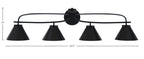 Cavella Four Light Bath Bar in Matte Black with 7" Matte Black Cone Metal Shade