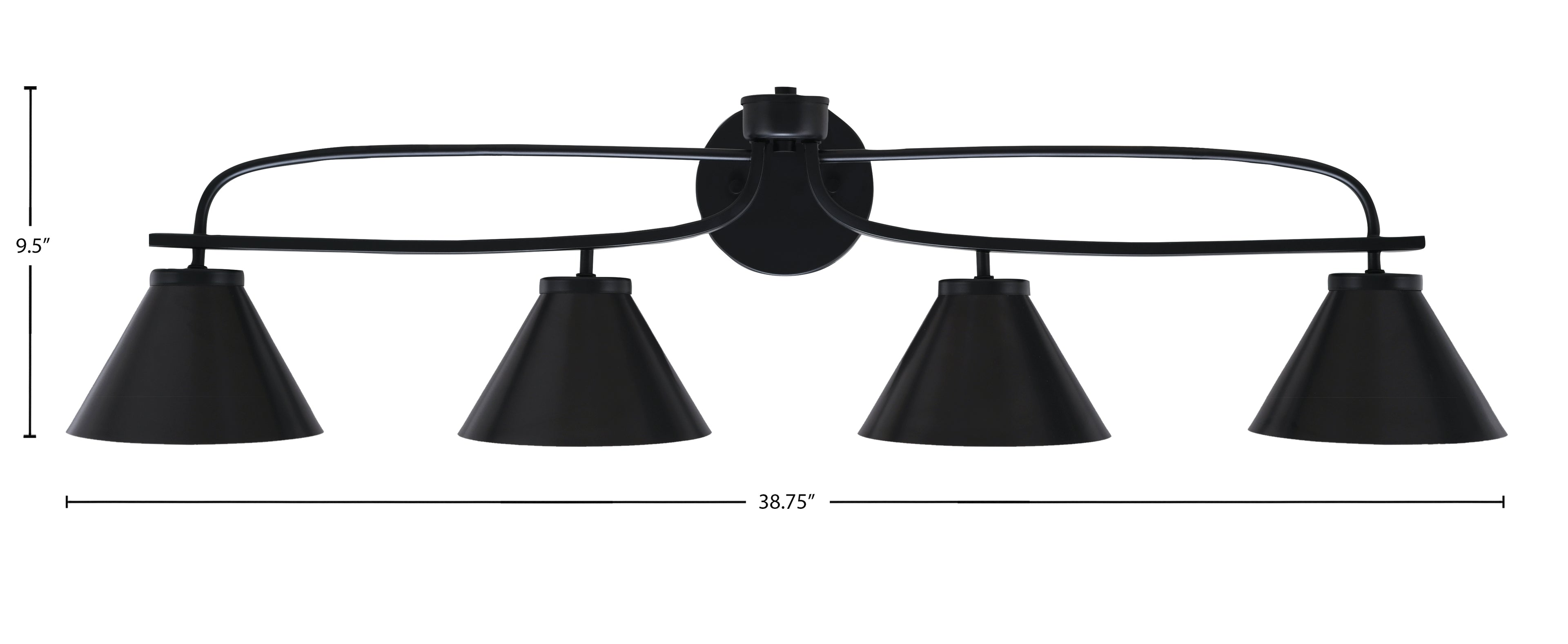 Cavella Four Light Bath Bar in Matte Black with 7" Matte Black Cone Metal Shade