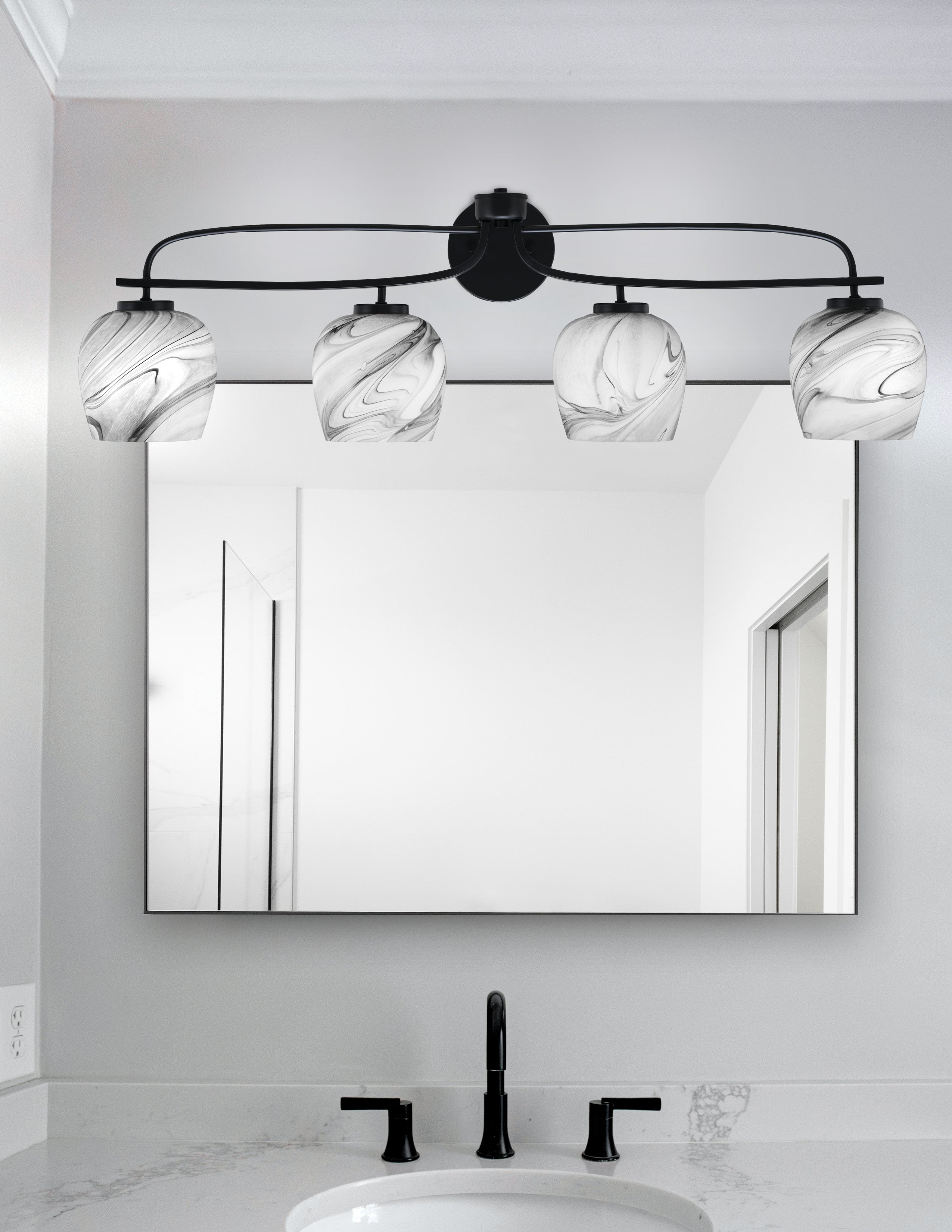 Cavella Four Light Bath Bar in Matte Black with 6" Onyx Swirl Shade