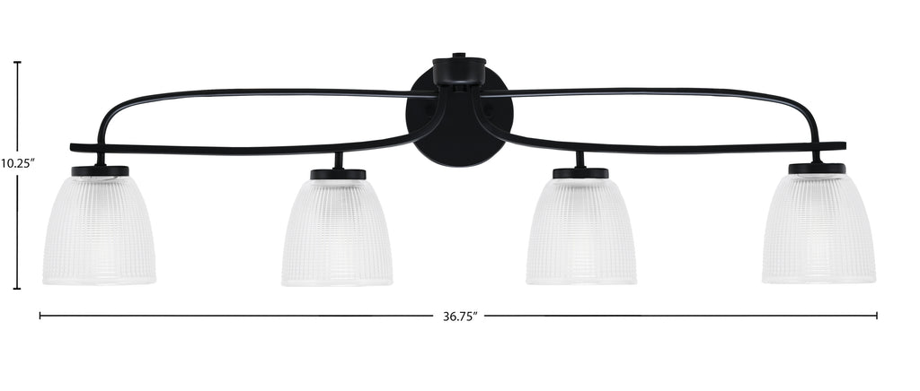 Cavella Four Light Bath Bar in Matte Black with 5" Clear Ribbed Shade
