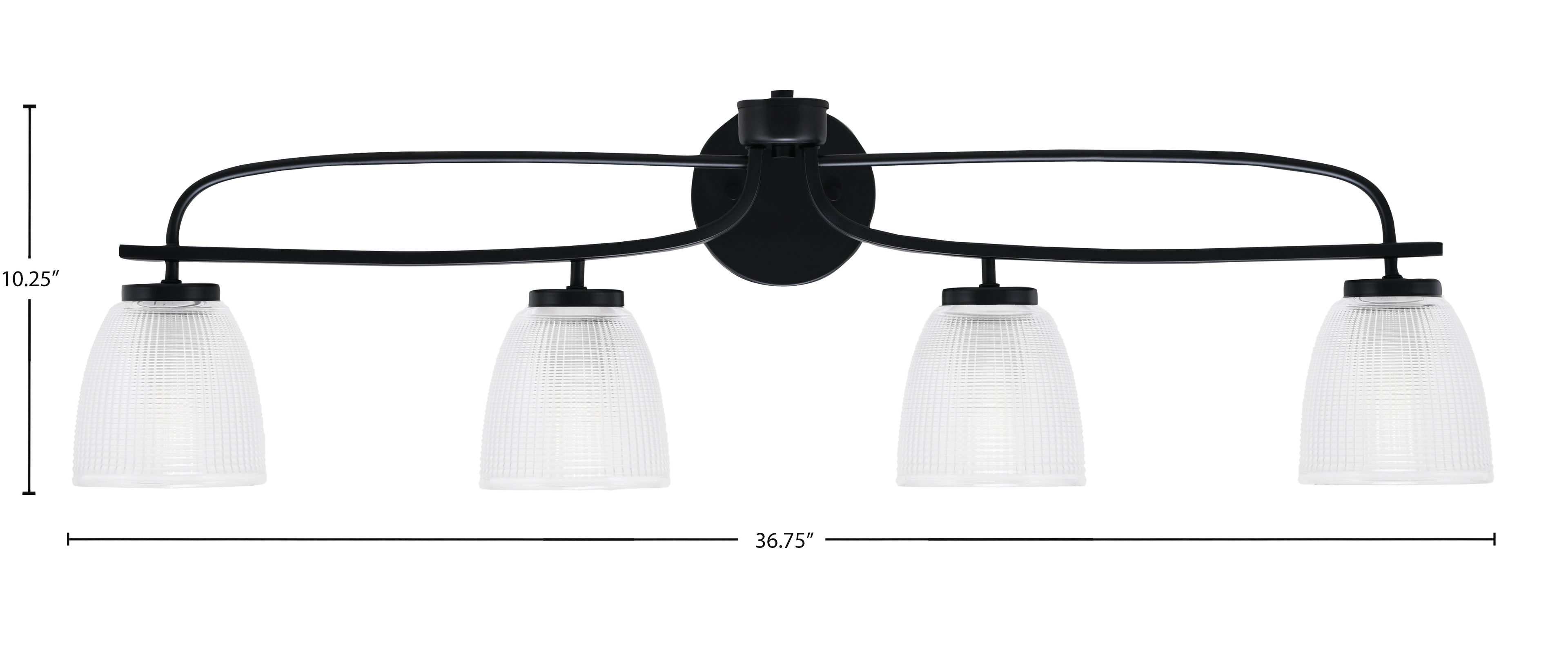 Cavella Four Light Bath Bar in Matte Black with 5" Clear Ribbed Shade