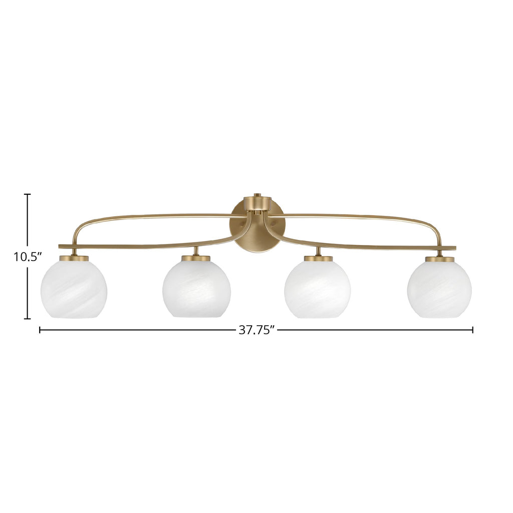 Cavella Four Light Bath Bar in New Age Brass with 5.75" White Marble Shade