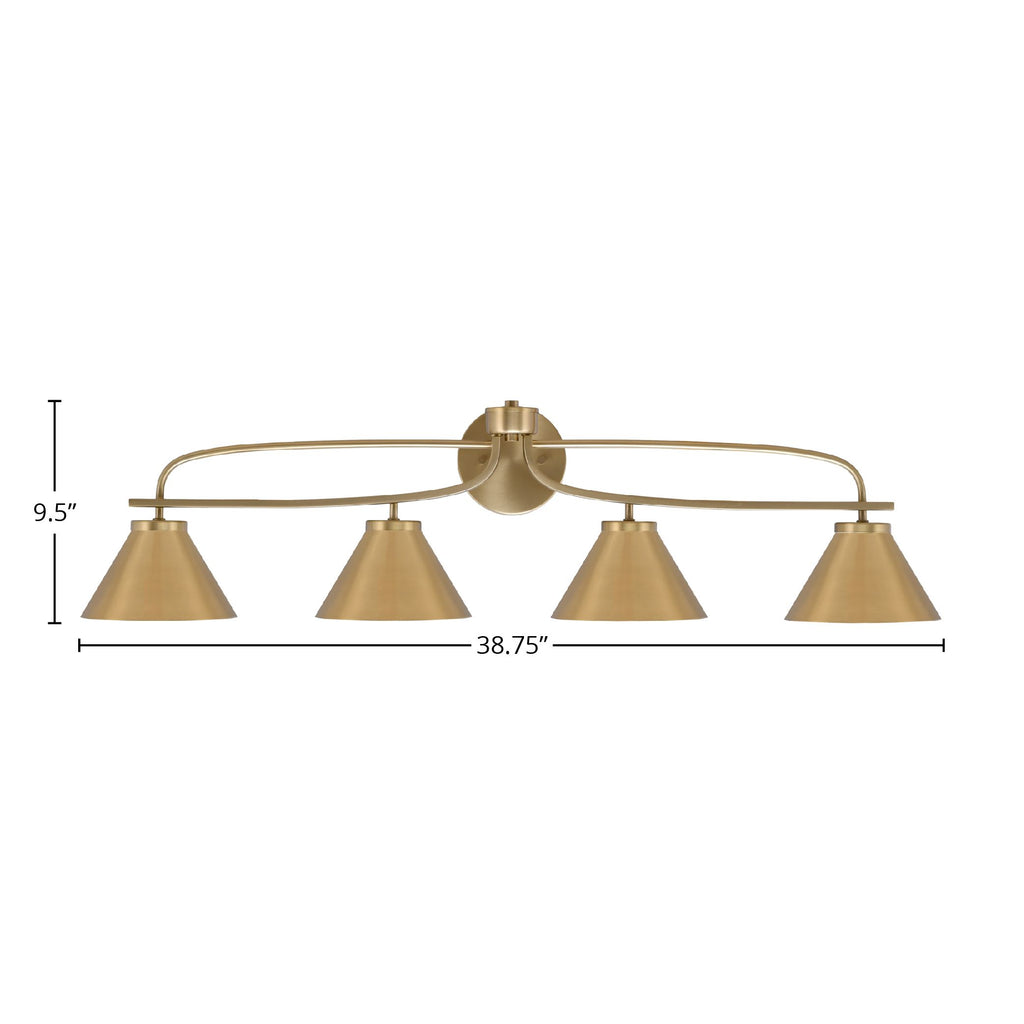 Cavella Four Light Bath Bar in New Age Brass with 7" New Age Brass Cone Metal Shade