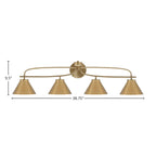 Cavella Four Light Bath Bar in New Age Brass with 7" New Age Brass Cone Metal Shade