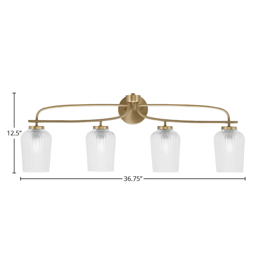 Cavella Four Light Bath Bar in New Age Brass with 5" Clear Textured Shade
