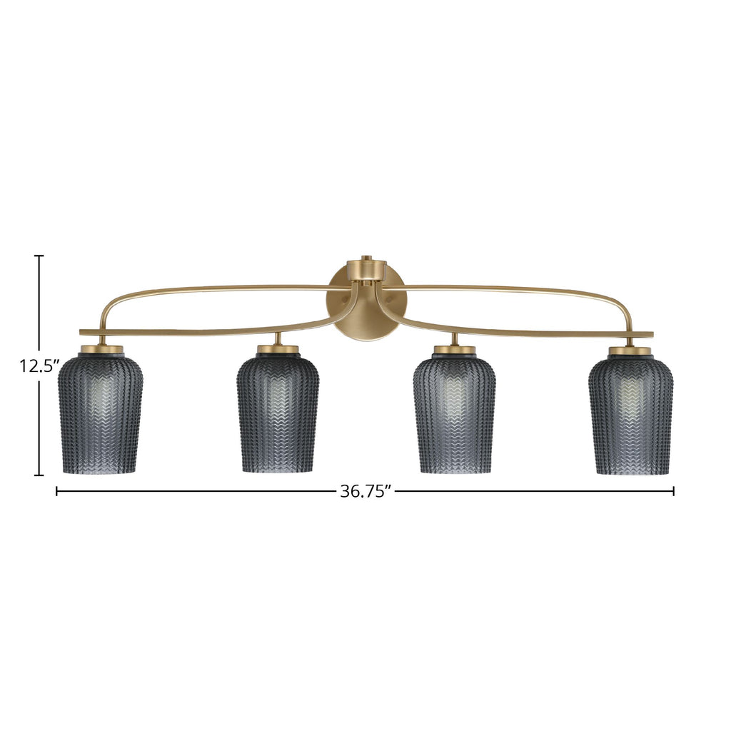 Cavella Four Light Bath Bar in New Age Brass with 5" Smoke Textured Shade