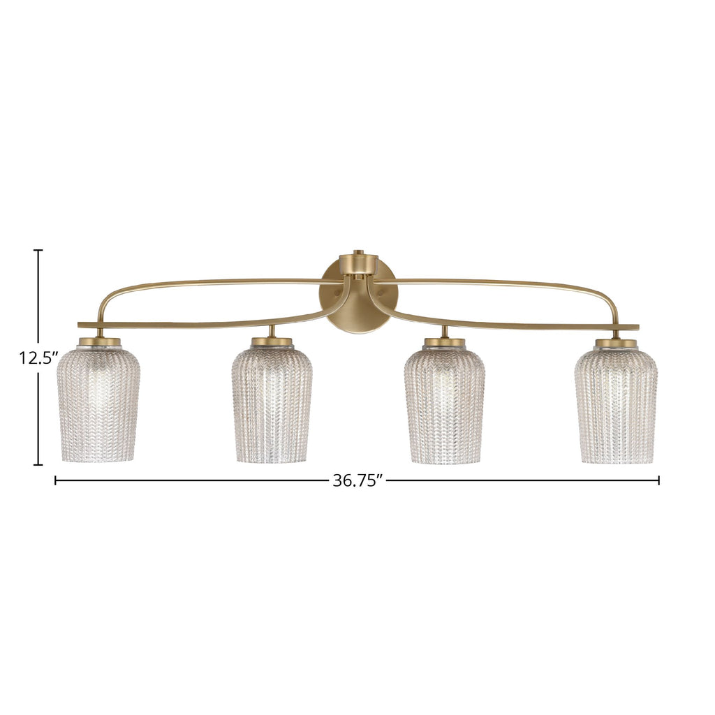 Cavella Four Light Bath Bar in New Age Brass with 5" Silver Textured Shade