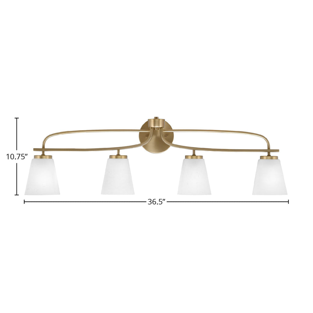 Cavella Four Light Bath Bar in New Age Brass with 4.5" White Muslin Shade
