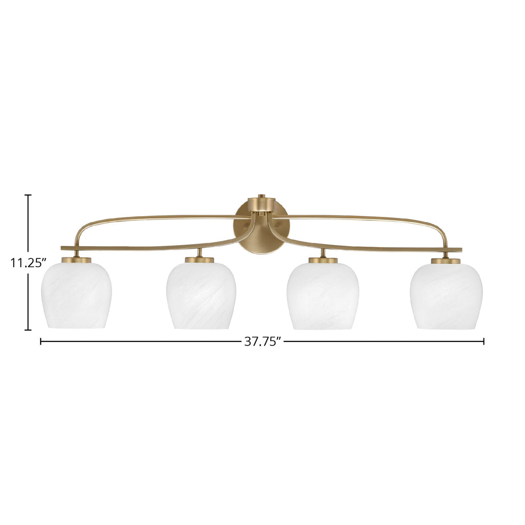 Cavella Four Light Bath Bar in New Age Brass with 6" White Marble Shade
