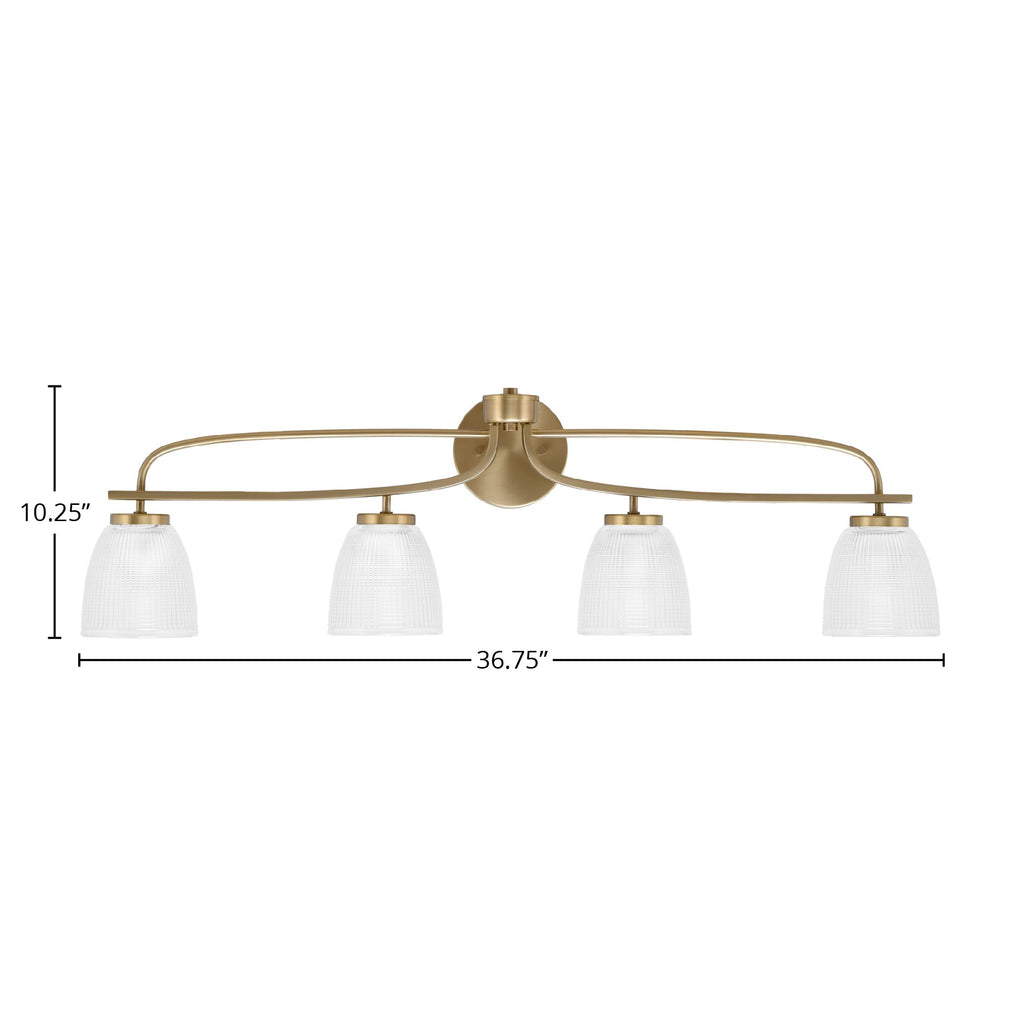Cavella Four Light Bath Bar in New Age Brass with 5" Clear Ribbed Shade