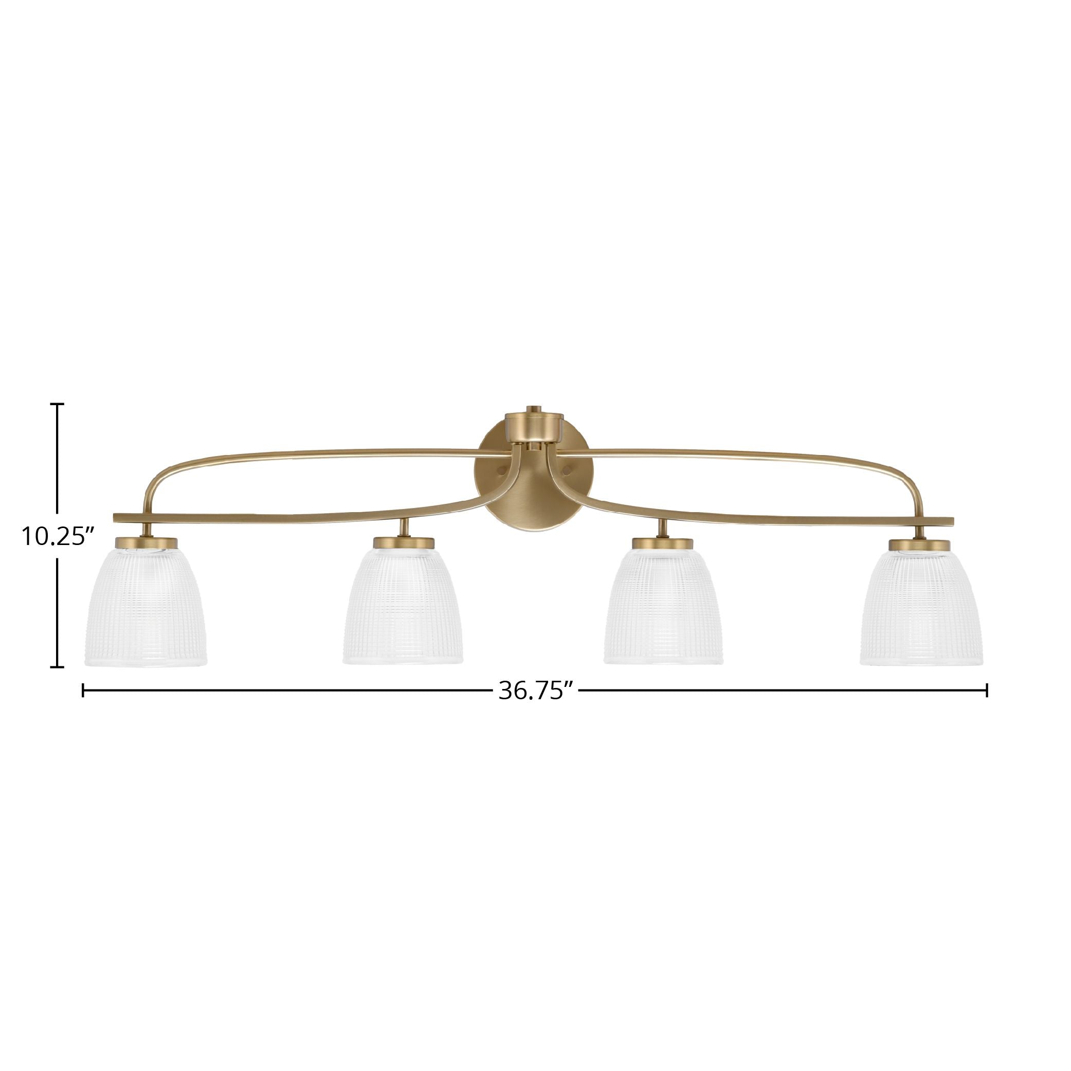 Cavella Four Light Bath Bar in New Age Brass with 5" Clear Ribbed Shade