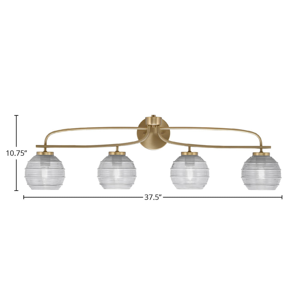 Cavella Four Light Bath Bar in New Age Brass with 6" Clear Ribbed Shade
