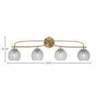 Cavella Four Light Bath Bar in New Age Brass with 6" Clear Ribbed Shade