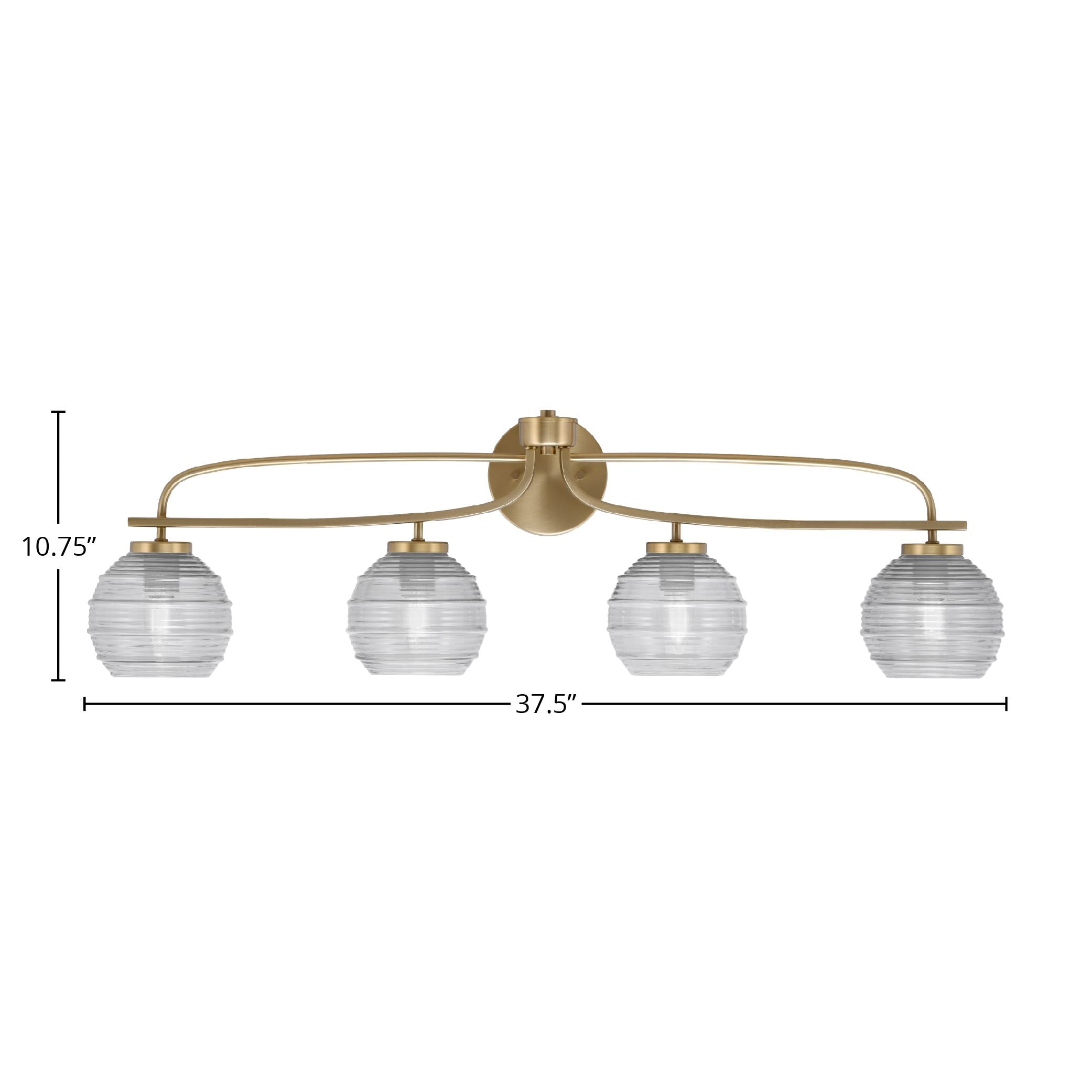Cavella Four Light Bath Bar in New Age Brass with 6" Clear Ribbed Shade