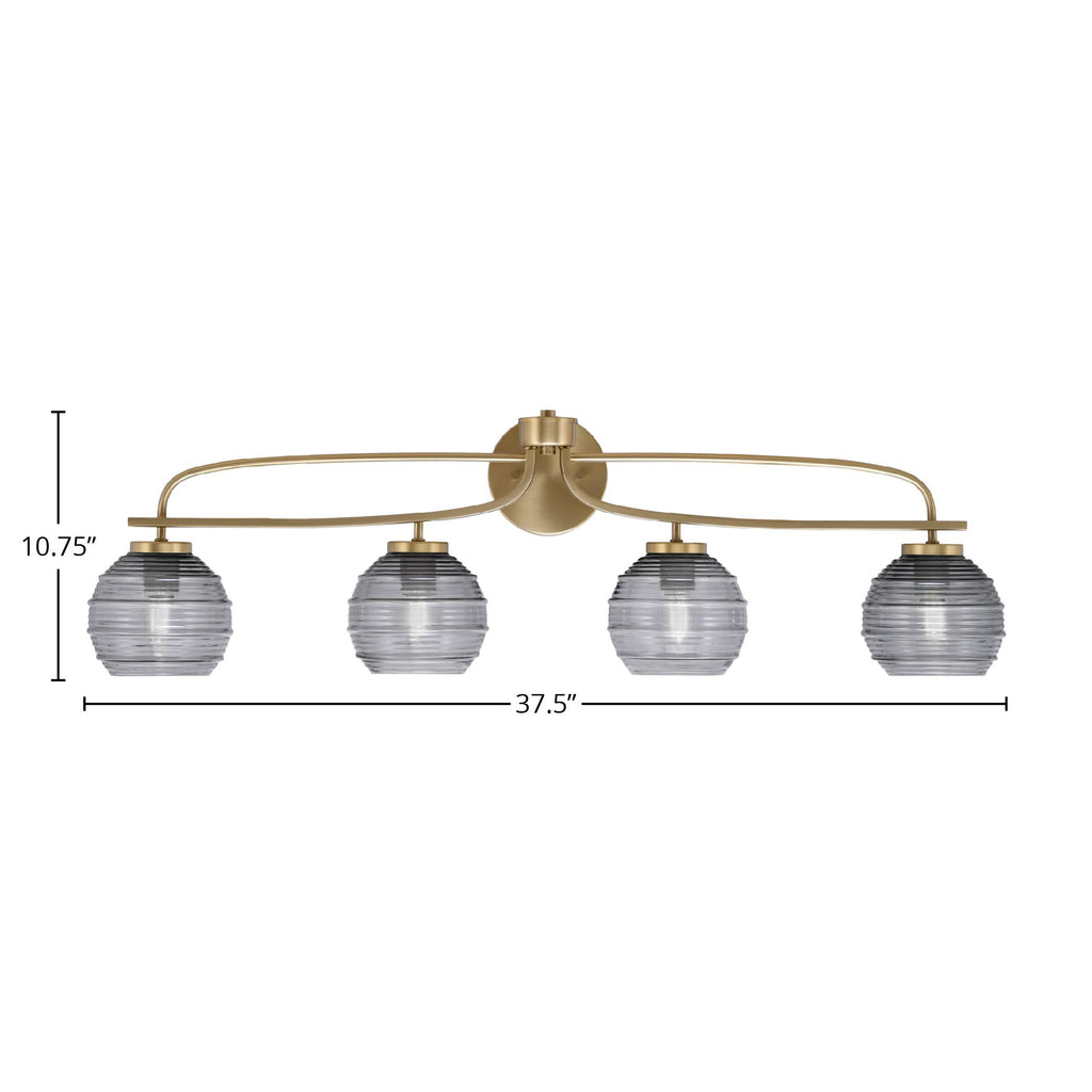 Cavella Four Light Bath Bar in New Age Brass with 6" Smoke Ribbed Shade
