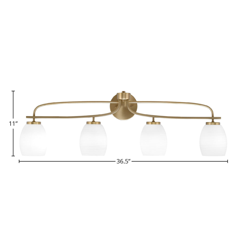Cavella Four Light Bath Bar in New Age Brass with 5" White Linen Shade