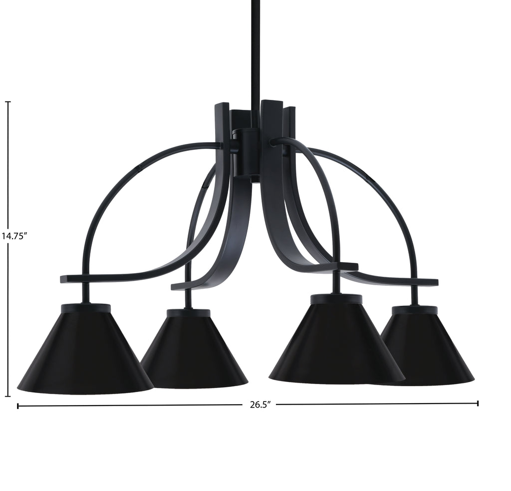 Cavella Four Light Chandelier in Matte Black with 7" Matte Black Cone Metal Shades Shade
