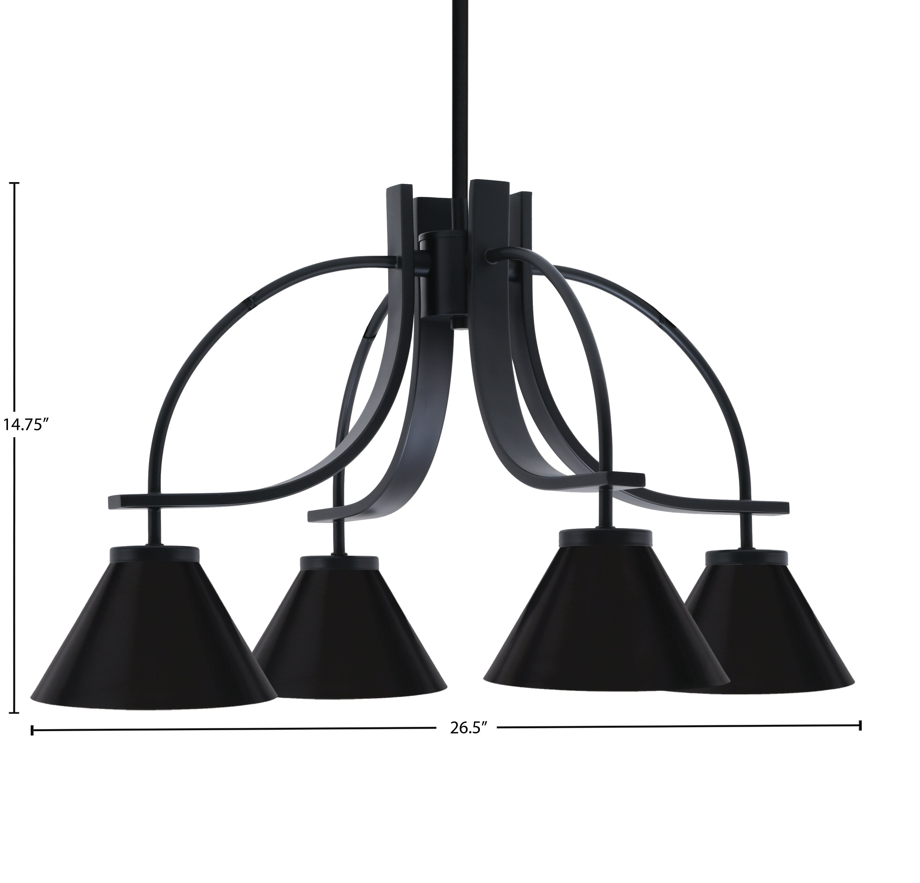 Cavella Four Light Chandelier in Matte Black with 7" Matte Black Cone Metal Shades Shade