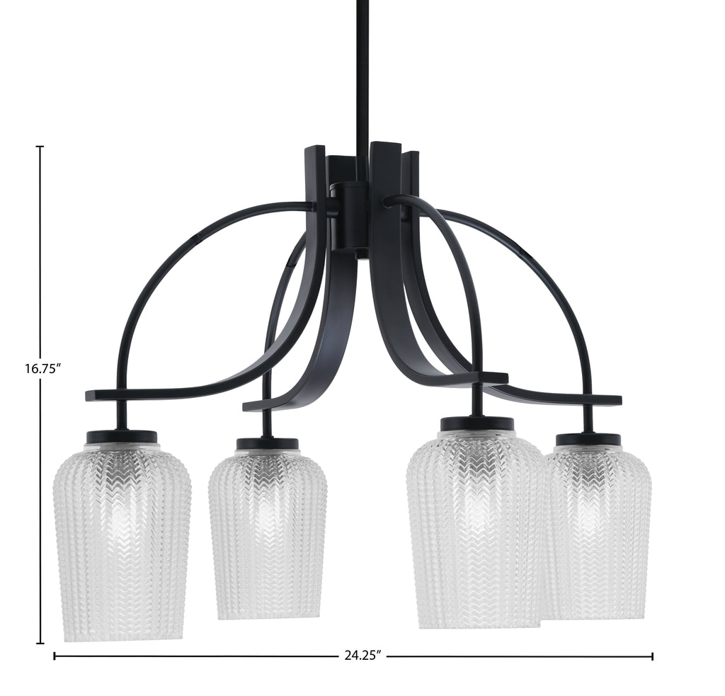 Cavella Four Light Chandelier in Matte Black with 5" Clear Textured Shade
