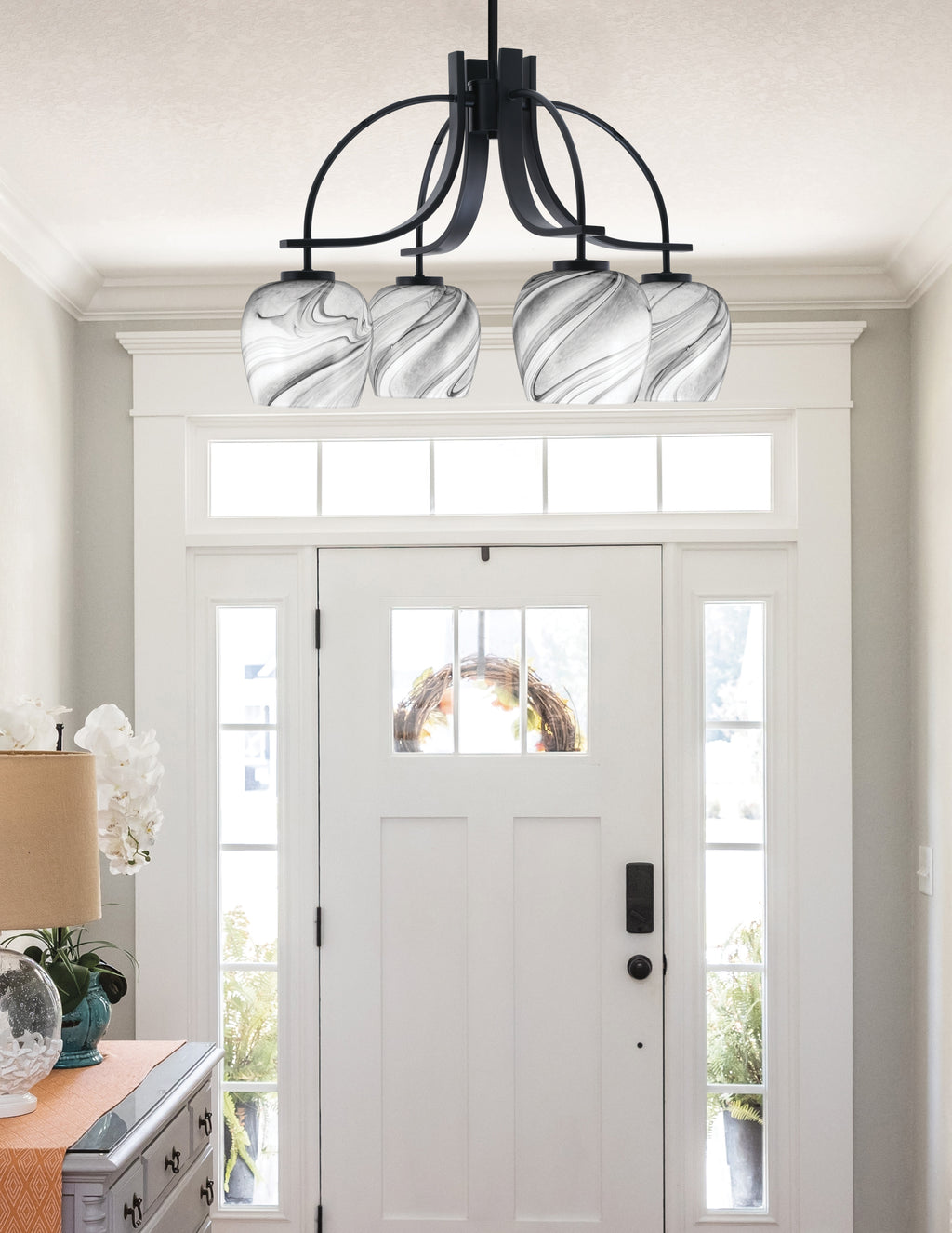 Cavella Four Light Chandelier in Matte Black with 6" Onyx Swirl Shade