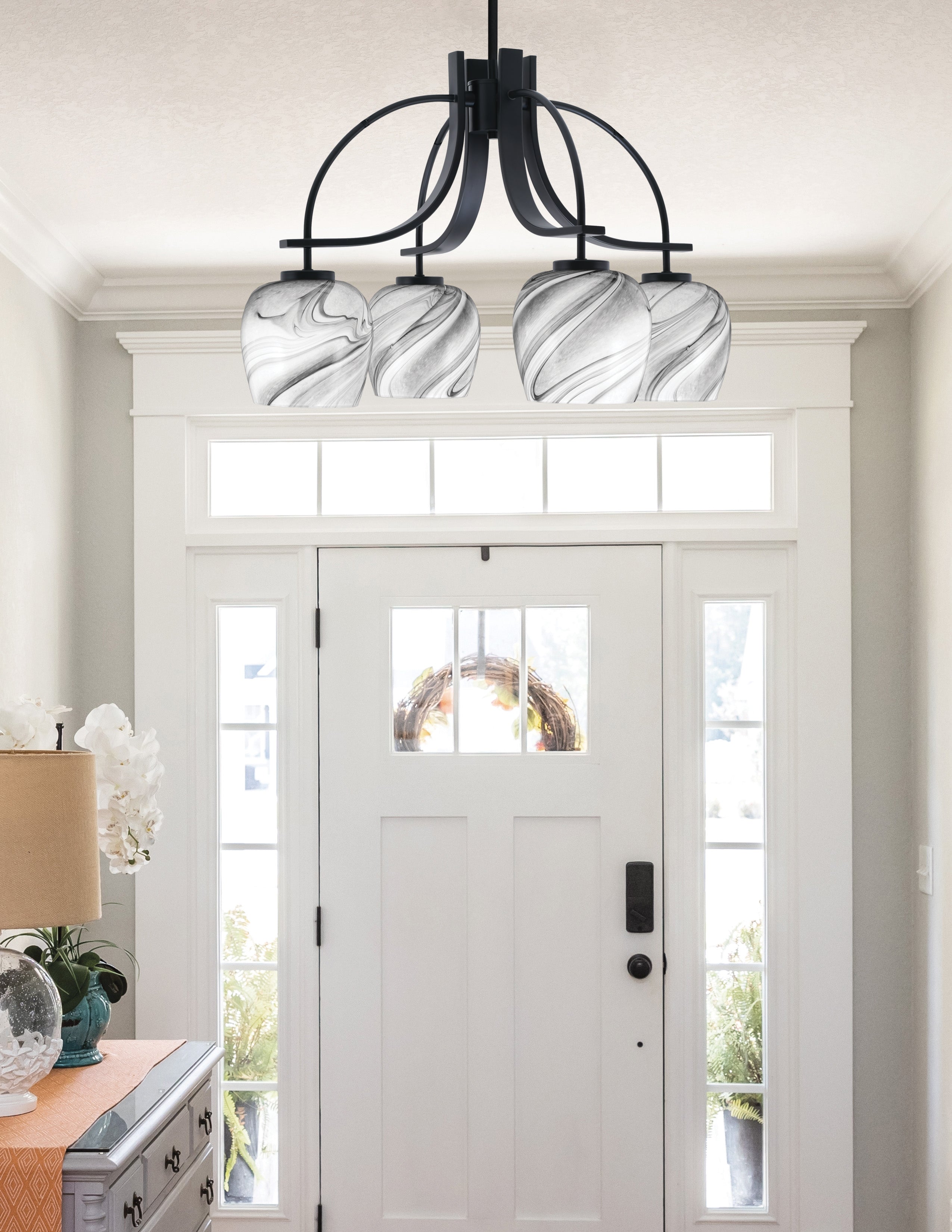 Cavella Four Light Chandelier in Matte Black with 6" Onyx Swirl Shade