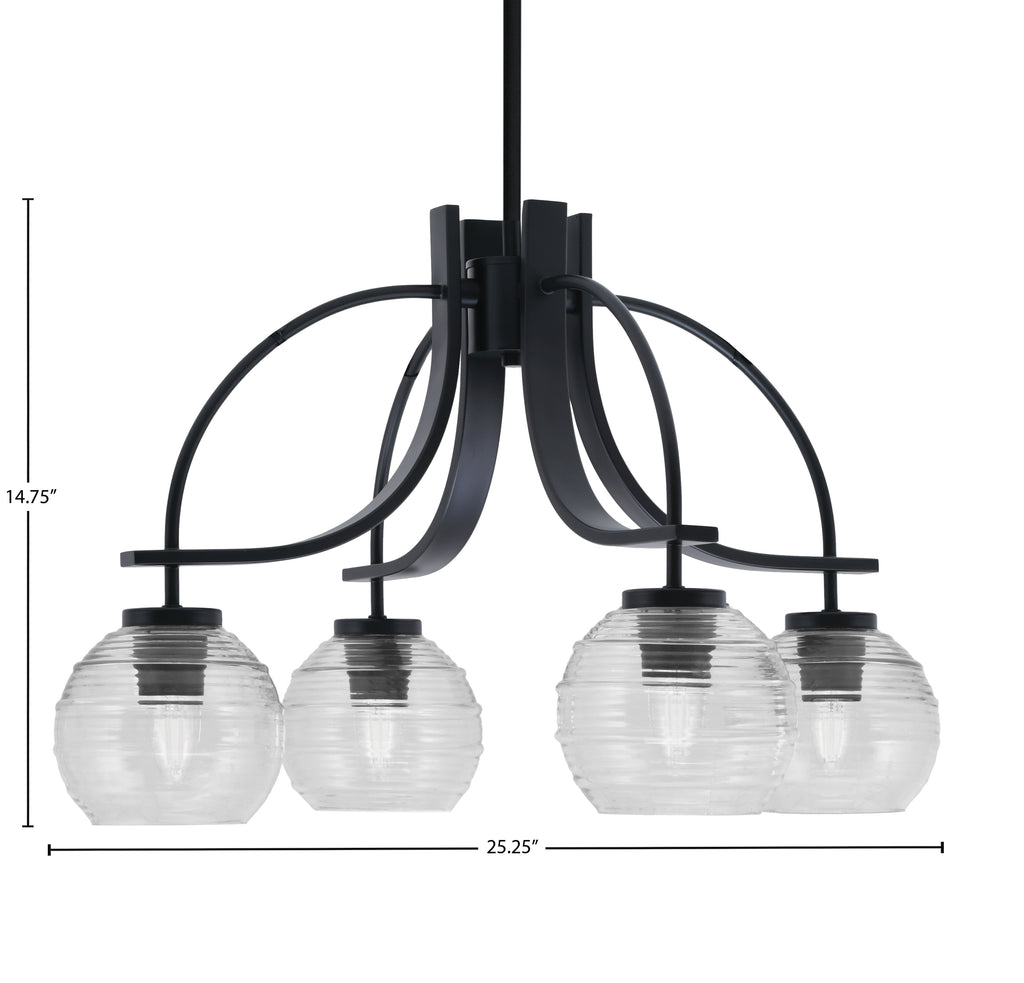 Cavella Four Light Chandelier in Matte Black with 6" Clear Ribbed Shade