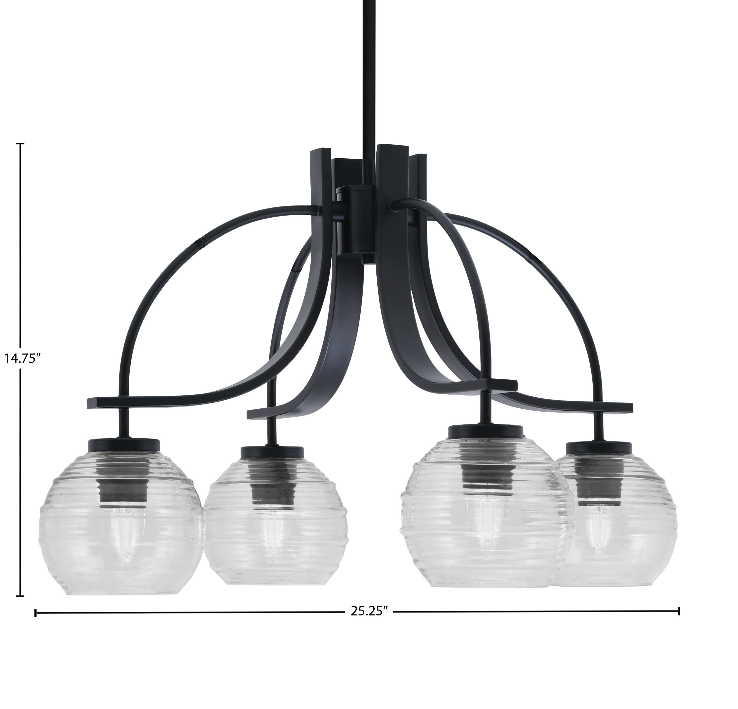 Cavella Four Light Chandelier in Matte Black with 6" Clear Ribbed Shade