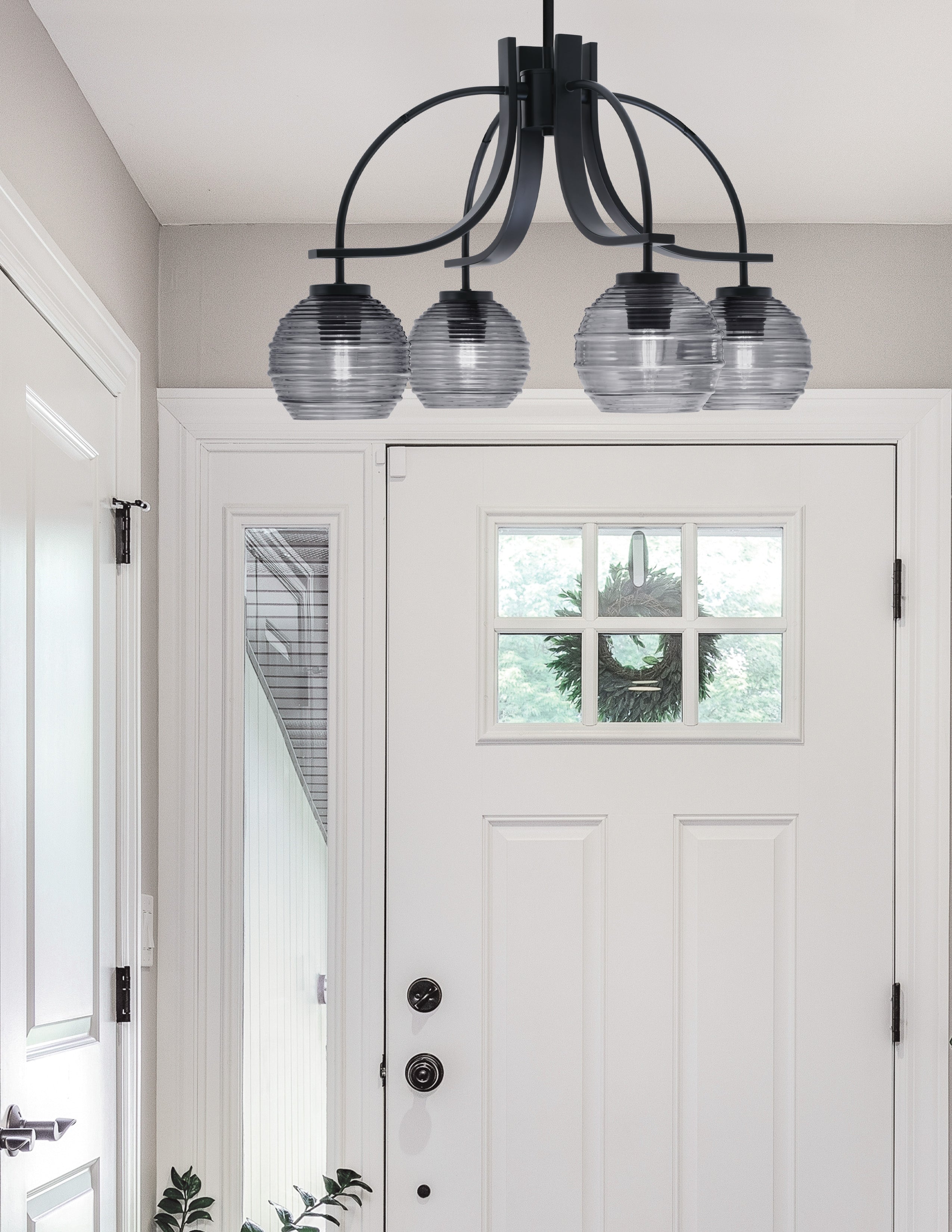 Cavella Four Light Chandelier in Matte Black with 6" Smoke Ribbed Shade