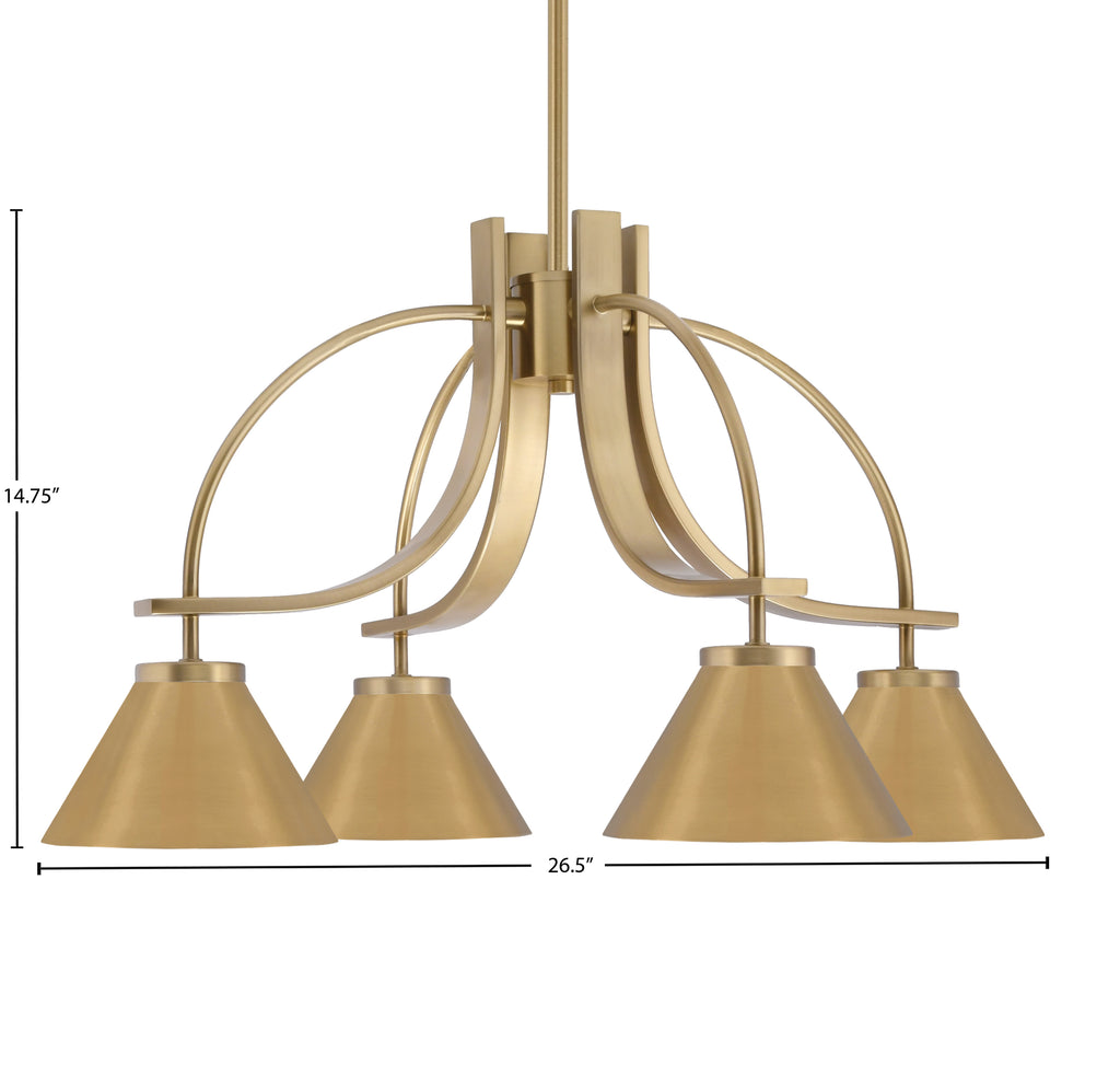 Cavella Four Light Chandelier in New Age Brass with 7" New Age Brass Cone Metal Shade