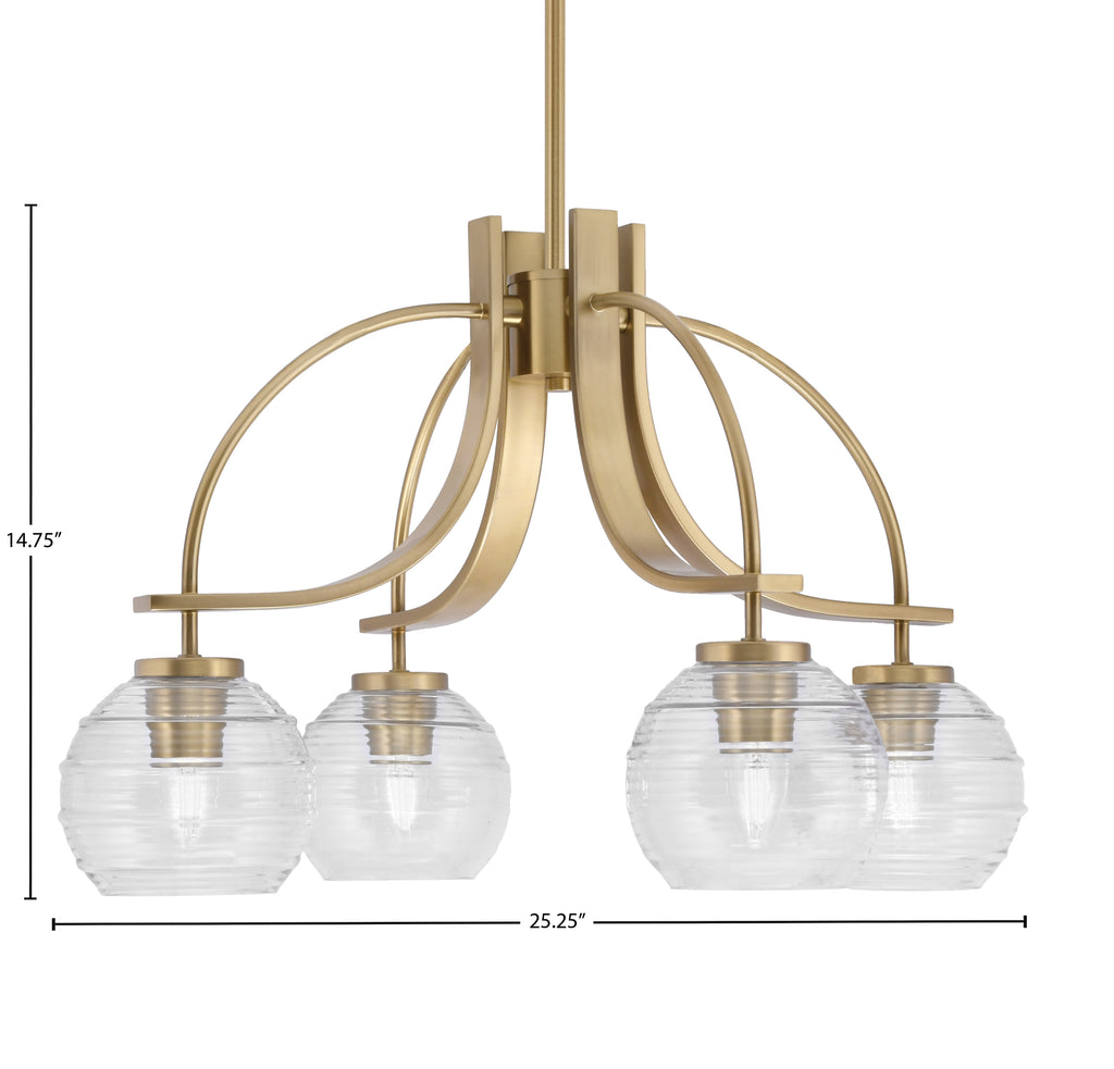 Cavella Four Light Chandelier in New Age Brass with 6" Clear Ribbed Shade