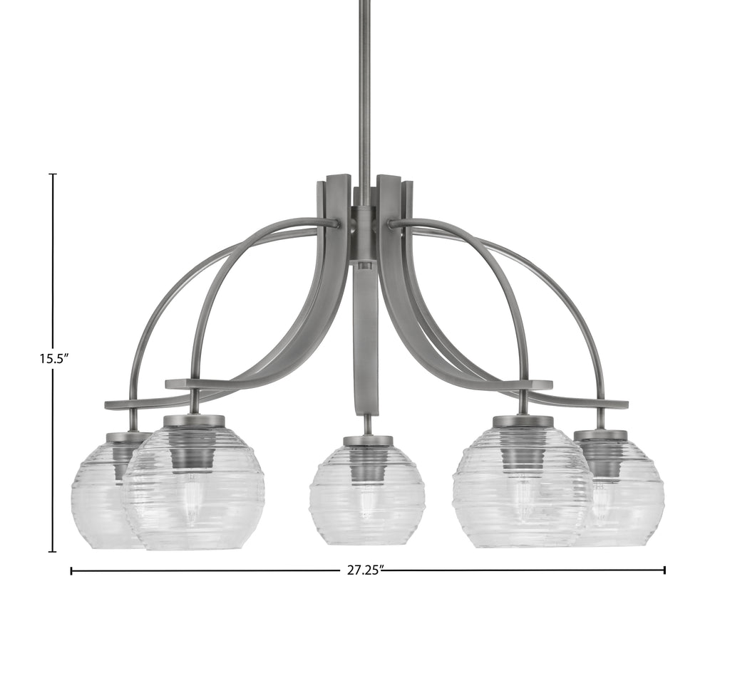 Cavella Five Light Chandelier in Graphite with 6" Clear Ribbed Shade