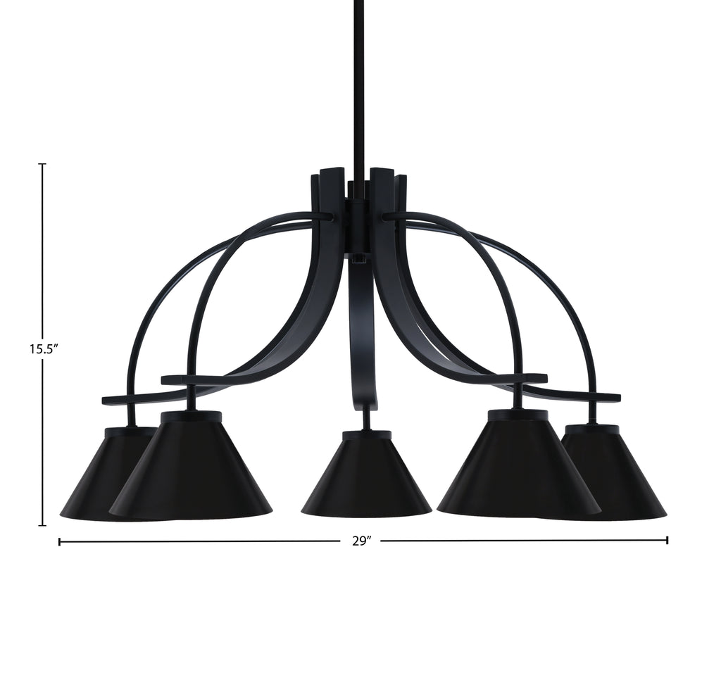 Cavella Five Light Chandelier in Matte Black with 7" Matte Black Cone Metal Shades Shade