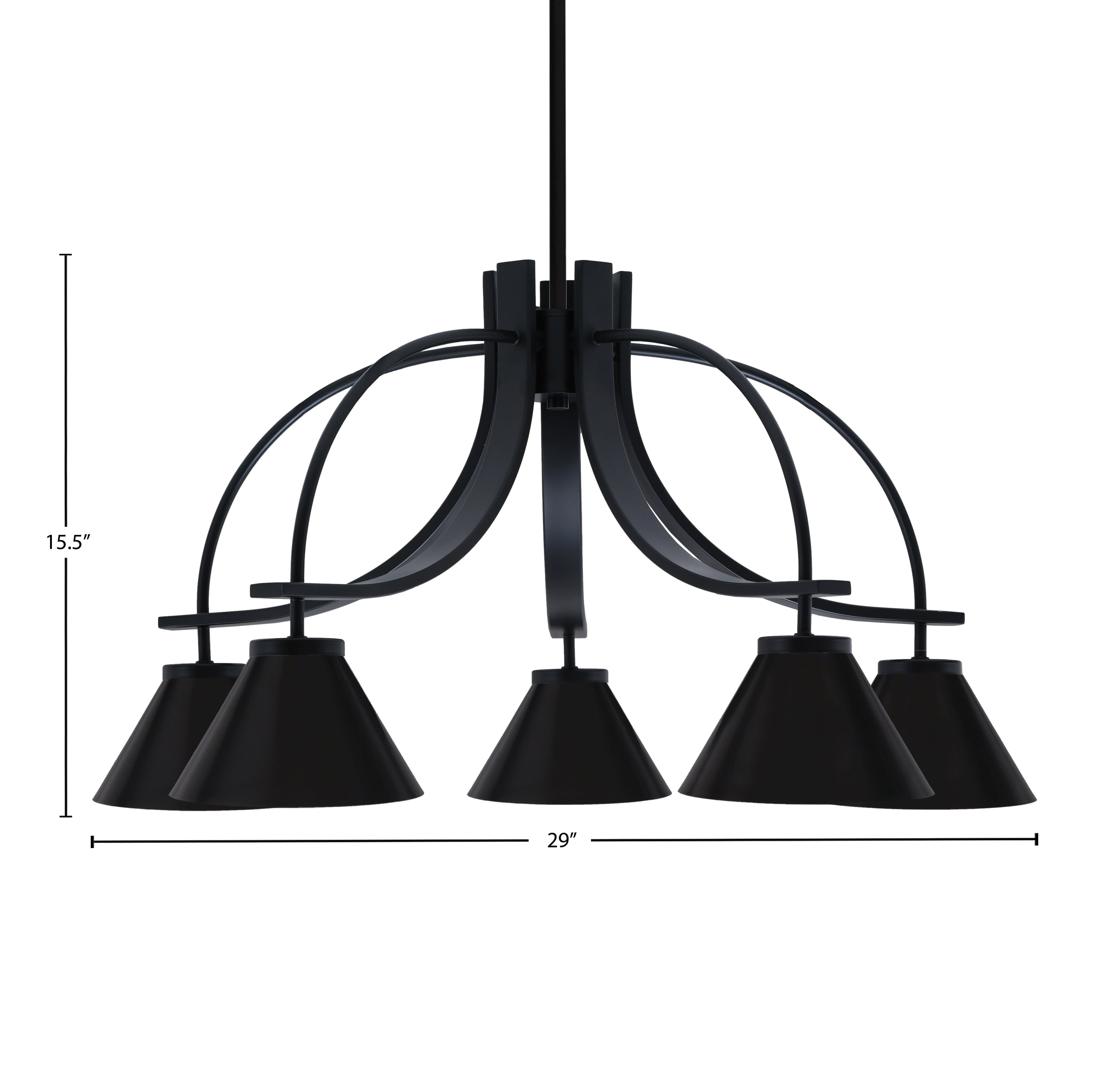 Cavella Five Light Chandelier in Matte Black with 7" Matte Black Cone Metal Shades Shade