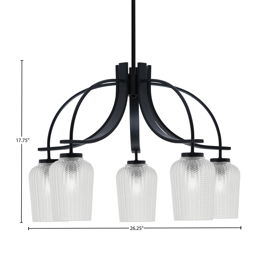 Cavella Five Light Chandelier in Matte Black with 5.75" Clear Textured Shade