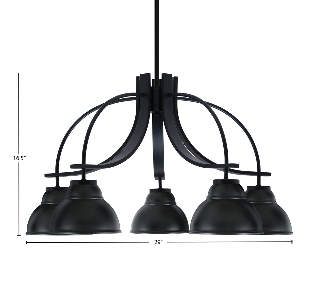 Cavella Five Light Chandelier in Matte Black with 7" Matte Black Double Bubble Metal Shades Shade