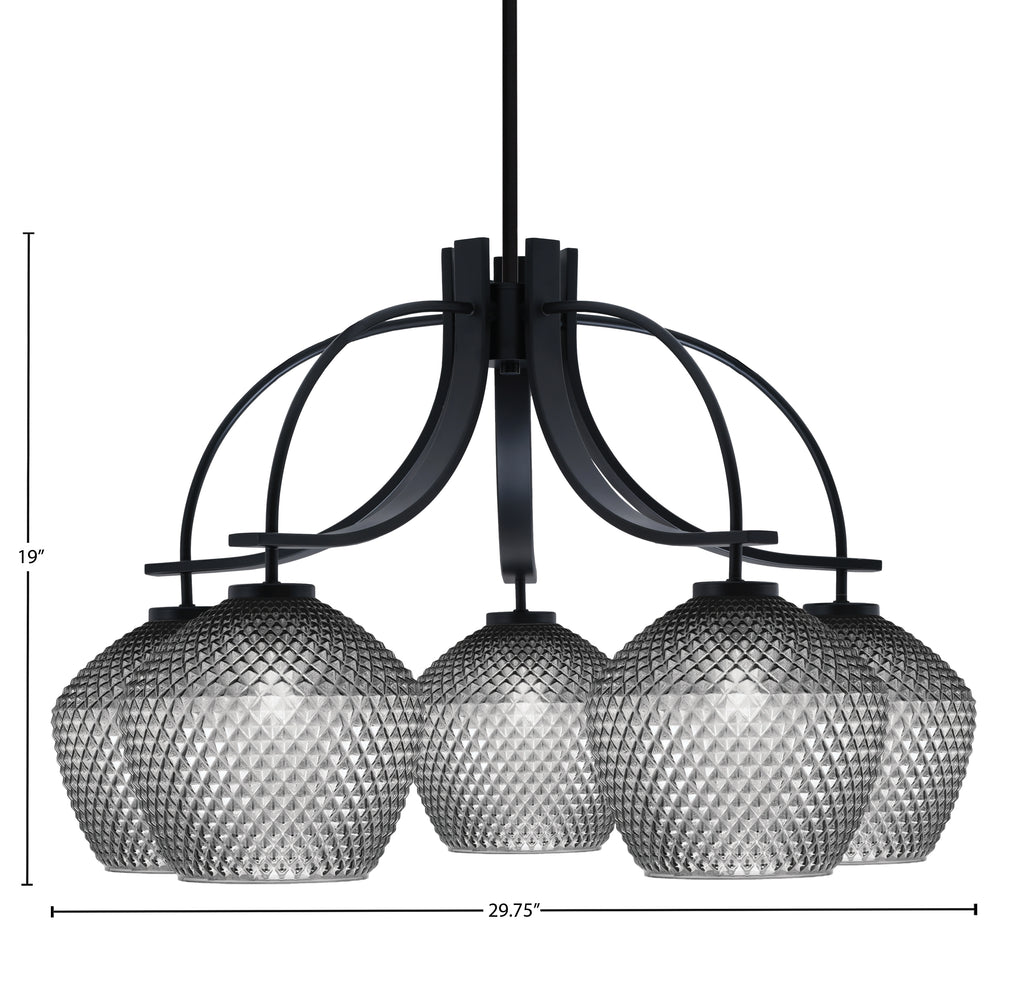 Cavella Five Light Chandelier in Matte Black with 9" Smoke Textured Shade