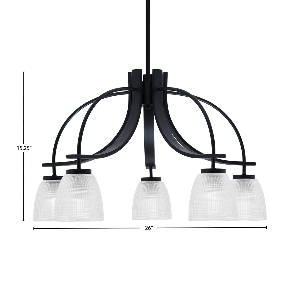 Cavella Five Light Chandelier in Matte Black with 5" Clear Ribbed Shade