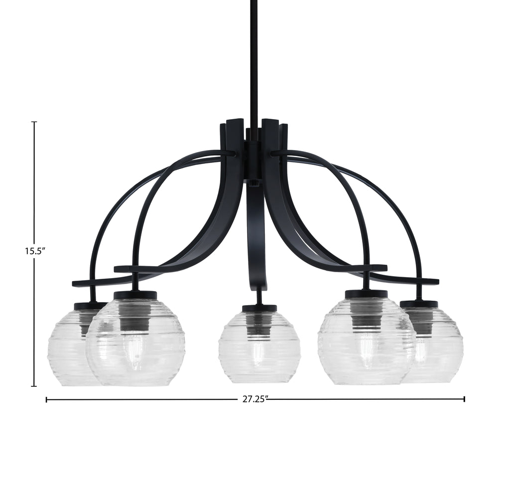 Cavella Five Light Chandelier in Matte Black with 6" Clear Ribbed Shade