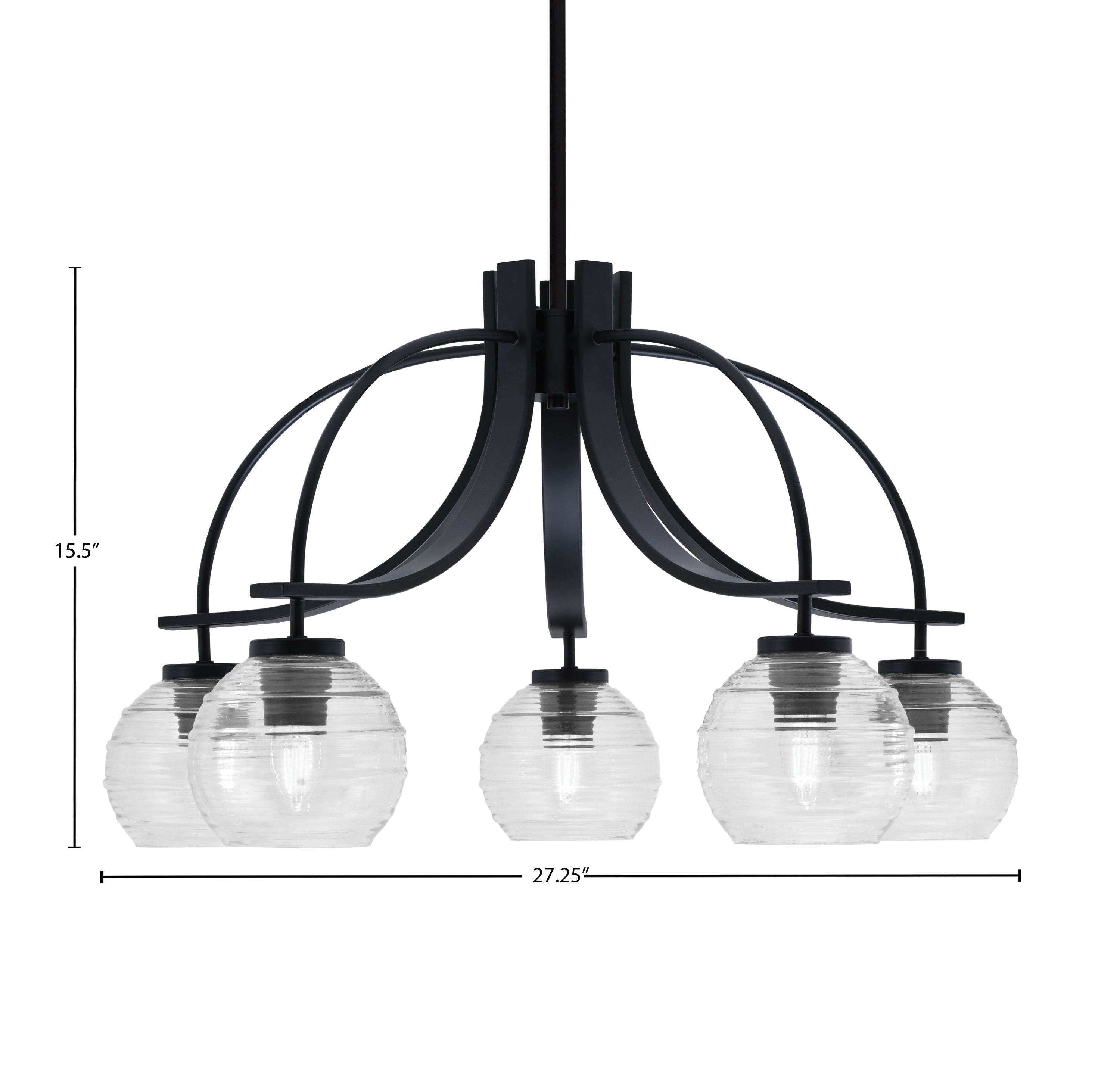 Cavella Five Light Chandelier in Matte Black with 6" Clear Ribbed Shade