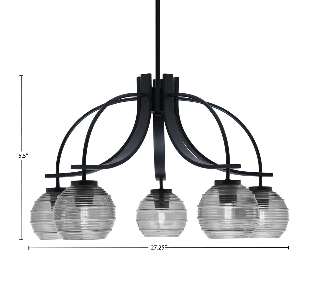 Cavella Five Light Chandelier in Matte Black with 6" Smoke Ribbed Shade