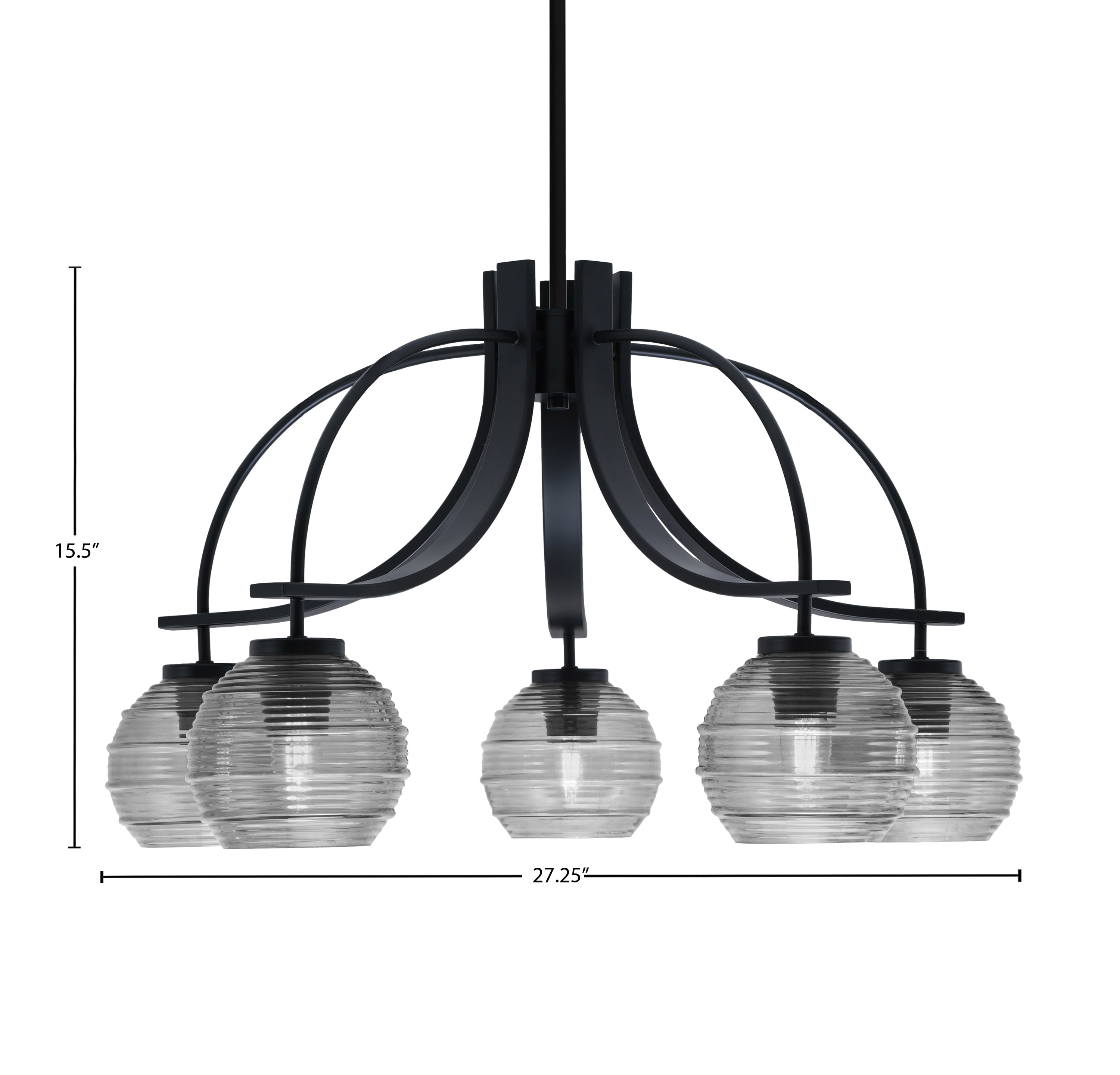 Cavella Five Light Chandelier in Matte Black with 6" Smoke Ribbed Shade